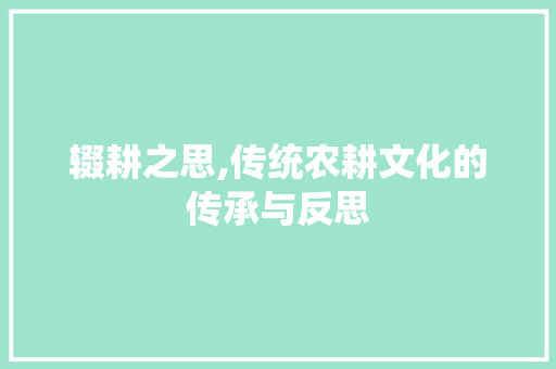 辍耕之思,传统农耕文化的传承与反思